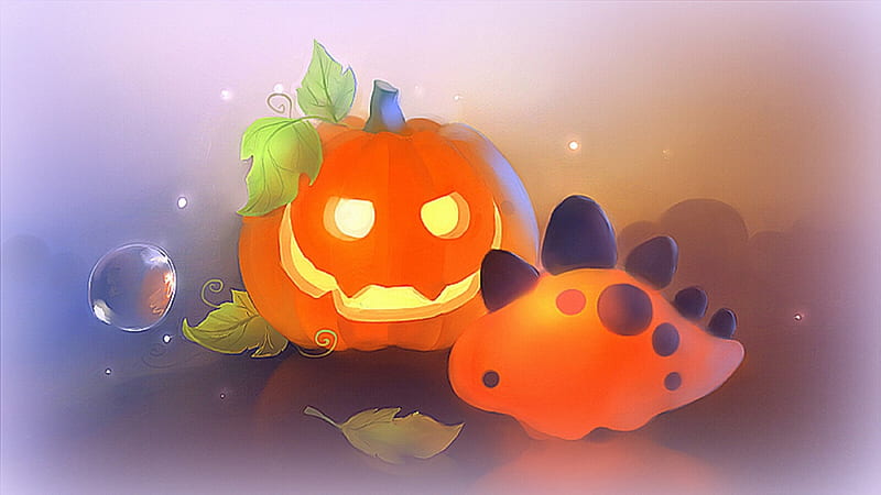 Pumpkin Dino Halloween, lovely, halloween, colors, softness beauty, creative pre-made, digital art, October 31st, cute, leaves, fantasy, paintings, cool, ghost, spooky, dino, pumpkin, HD wallpaper