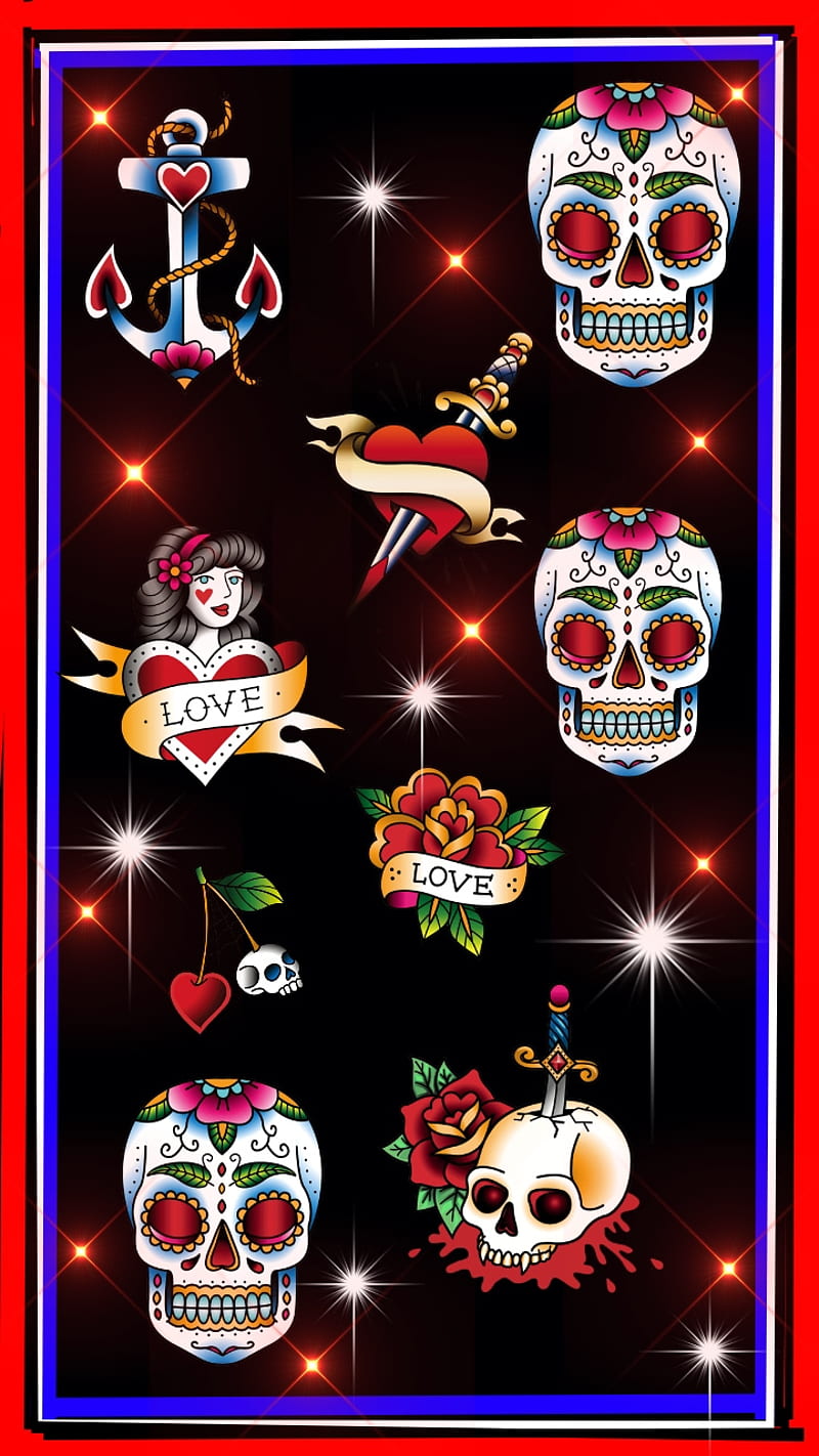 Heavenly, anchor, black, love, red, skull, sparkles, sugar, HD phone wallpaper