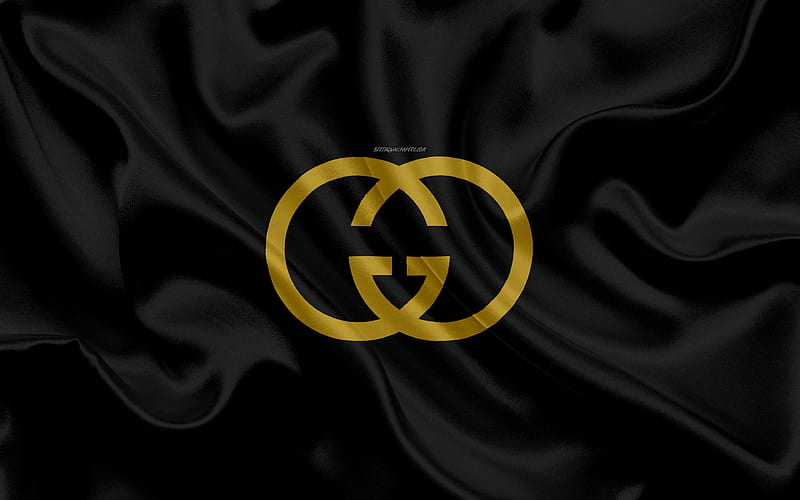 Gucci, gold logo, brands, logo on black fabric, black silk texture, art, italian clothing manufacturer, Gucci emblem, HD wallpaper