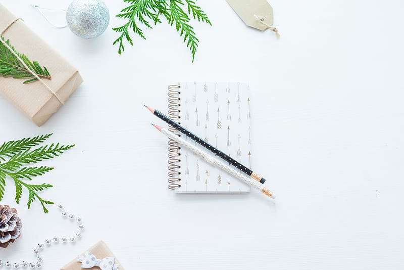 notepad, pencils, pine needles, white, HD wallpaper