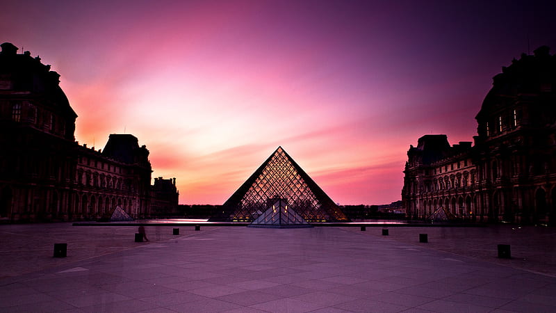 Louvre Museum With Purple Sky Background During Sunset Travel, HD wallpaper