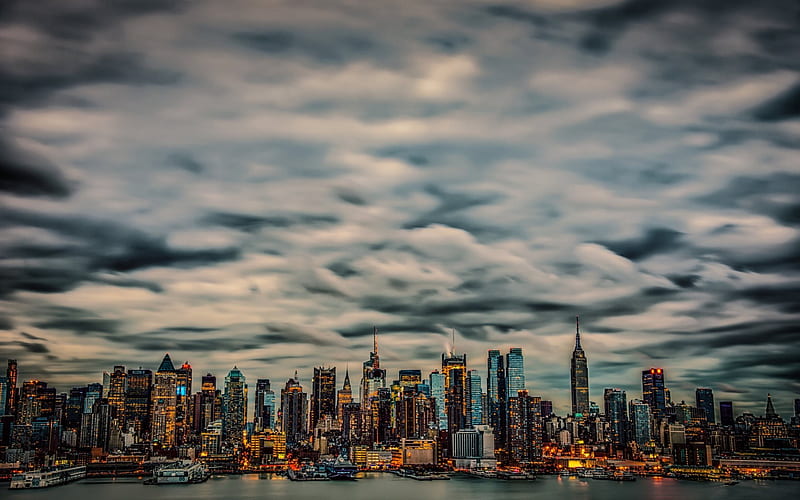 Manhattan, New York, skyscrapers, evening city, clouds, NYC, USA, America, HD wallpaper