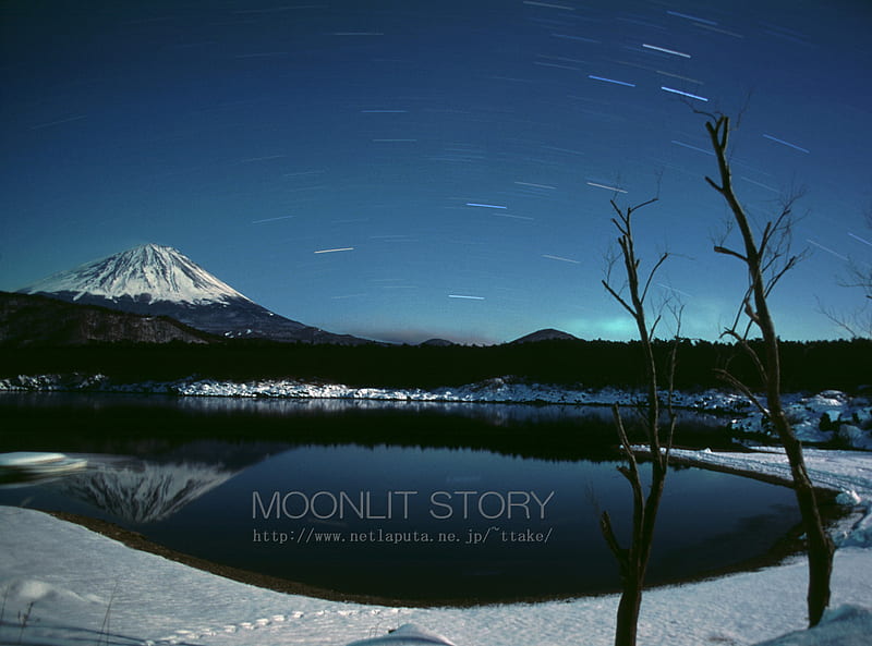 Mt. Fuji with Lake, moon, space, lake, fuji, star, HD wallpaper