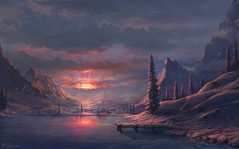 Sunset, winter, iarna, red, art, fel x, world, frumusete, luminos, fantasy, felx, blue, HD wallpaper