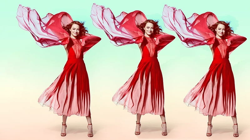 Emma Stone, red, dress, actress, girl, wind, snl, woman, HD wallpaper