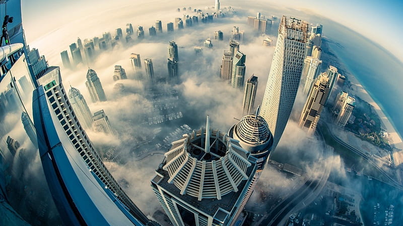 spectacular view of dubai skyline in fog, city, view, fog, skyscrapers, HD wallpaper