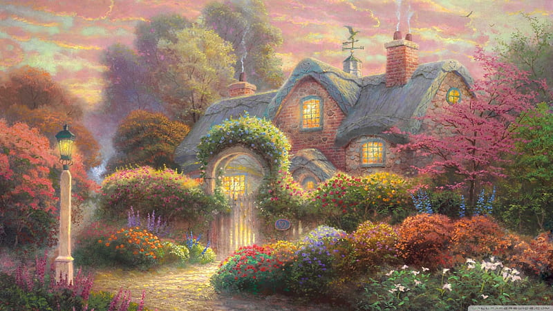 fairytale cottage, path, flowers, tree, cottage, HD wallpaper