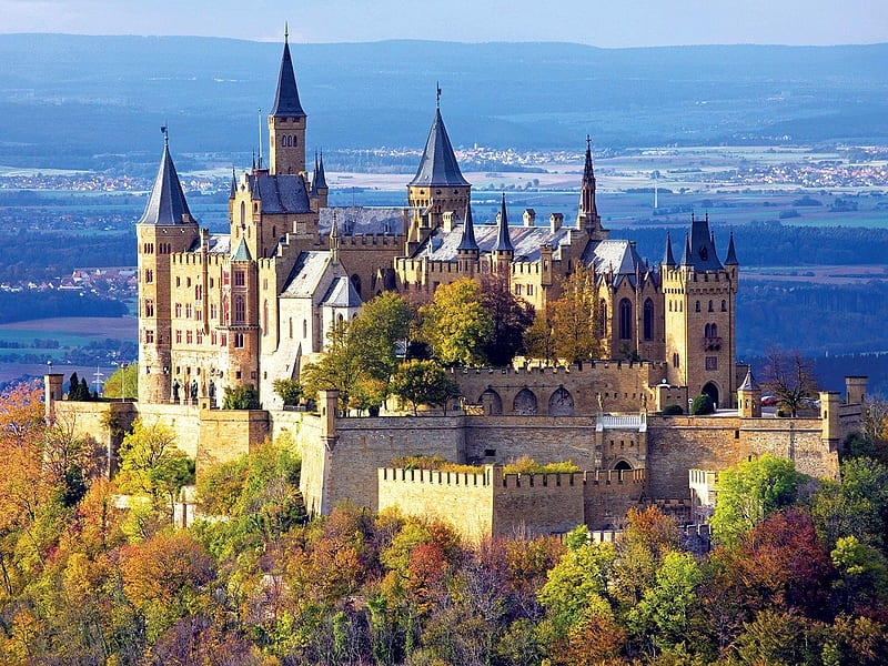 Castle Hohenzollern, Germany, building, autumn, towers, trees, landscape, HD wallpaper