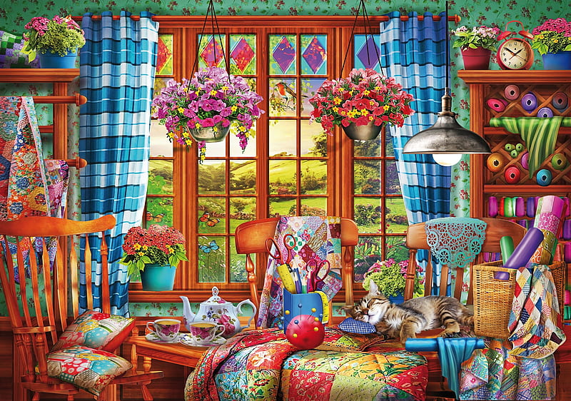 Stitching Room, art, colorful, fantasy, window, ye olde, room, pisici, cat, luminos, HD wallpaper