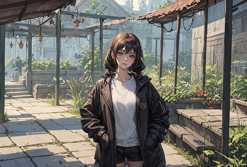 Teen girl in leather jacket, original, anime, HD wallpaper