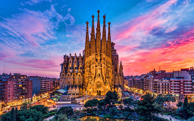 Sagrada Familia, Basilica of the Holy Family, Barcelona, Catalonia, evening, sunset, cityscape, Barcelona landmark, Basilica de la Sagrada Familia, Roman Catholic minor basilica, HD wallpaper
