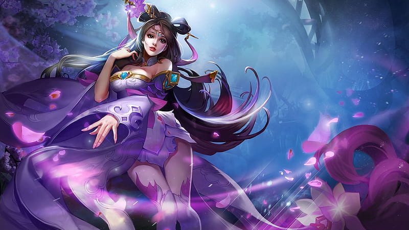 Fantasy girl, frumusete, diao chan, luminos, game, fantasy, girl, purple, pink, blue, HD wallpaper