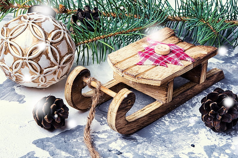 Holiday, Christmas, Bauble, Pine Cone, Sled, HD wallpaper