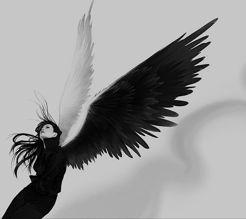 Angel, art, black, female, gothic, white, wings, woman, HD wallpaper