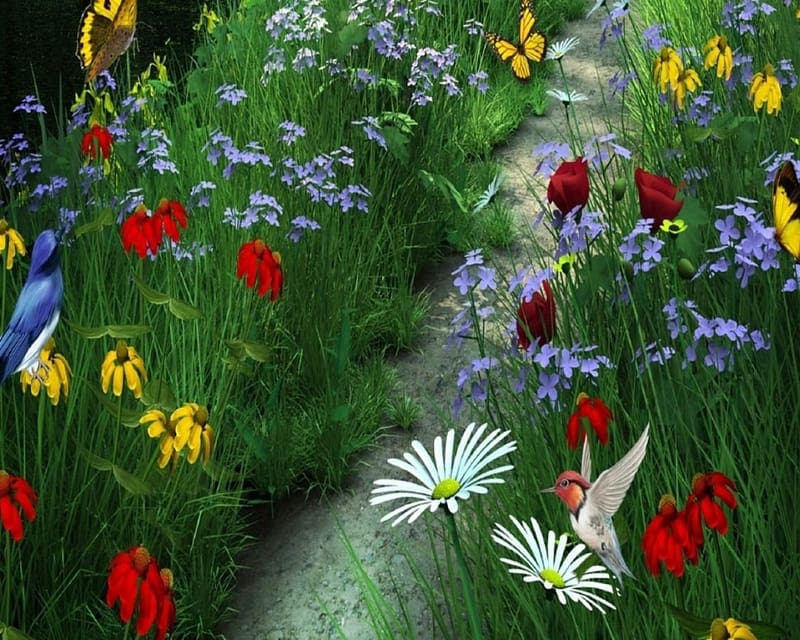 Spring meadow, ret, termeszet, viragok, mezo, madarak, szines, tavasz, HD wallpaper