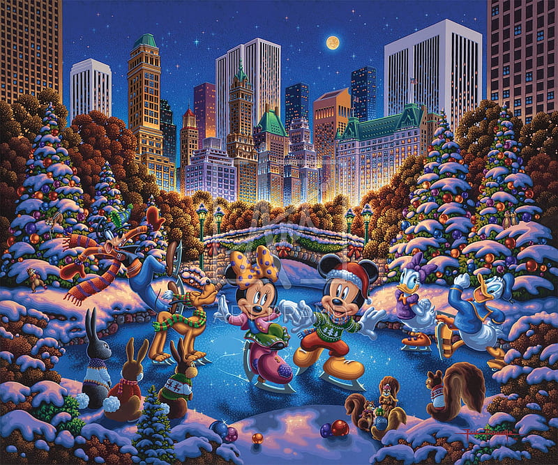 Mickey and friends sakting in Central Park, art, craciun, christmas, painting, pictura, eric dowdle, minnie, mickey mouse, central park, HD wallpaper