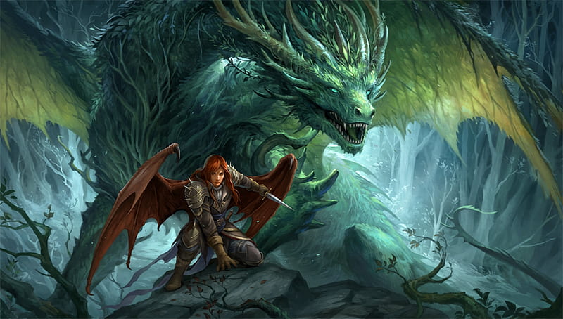 Guardians of the old forest, red, art, wings, luminos, man, dragon, sandara, fantasy, green, HD wallpaper