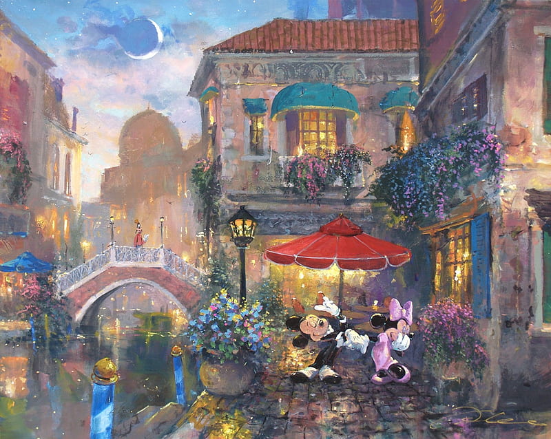 Mickey and Minnie Mouse in Venice, red, art, luminos, umbrella, venice, mouse, painting, minnie, pictura, mickey, disney, HD wallpaper