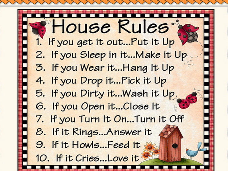 house rules, red, ladybirds, bird, flowers, black, writing, HD wallpaper