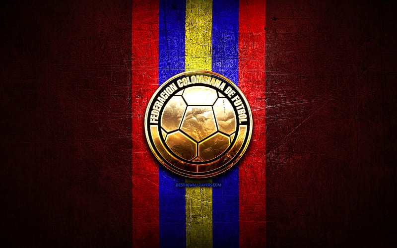 Colombia National Football Team, golden logo, South America, Conmebol, red metal background, Colombian football team, soccer, FCF logo, football, Colombia, HD wallpaper