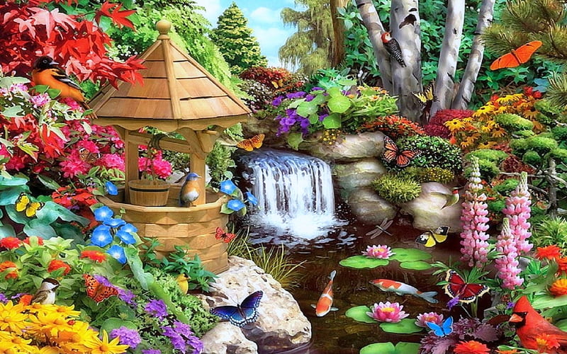 Beautiful Gardens, Fish, Butterflies, Wish Well, bonito, Flowers, Waterfall, HD wallpaper