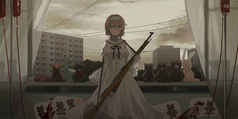 anime girl, post-apocalyptic, white dress, rifle, teddy bears, smiling, Anime, HD wallpaper