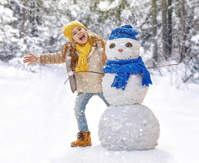 Winter joy, yellow, snowman, winter, hat, girl, snow, scarf, copil, child, white, blue, HD wallpaper