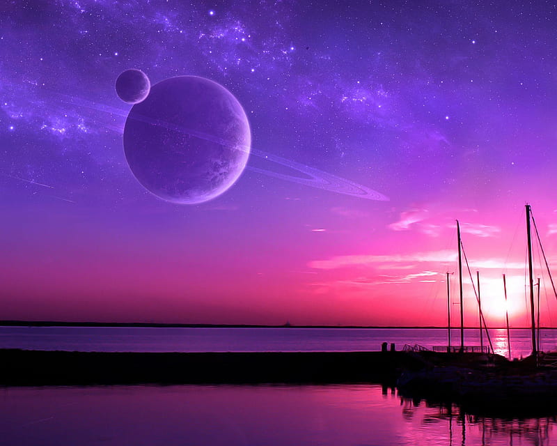 Planets, galaxy, lake, night, outerspace, purple, sky, skyscapes, HD wallpaper