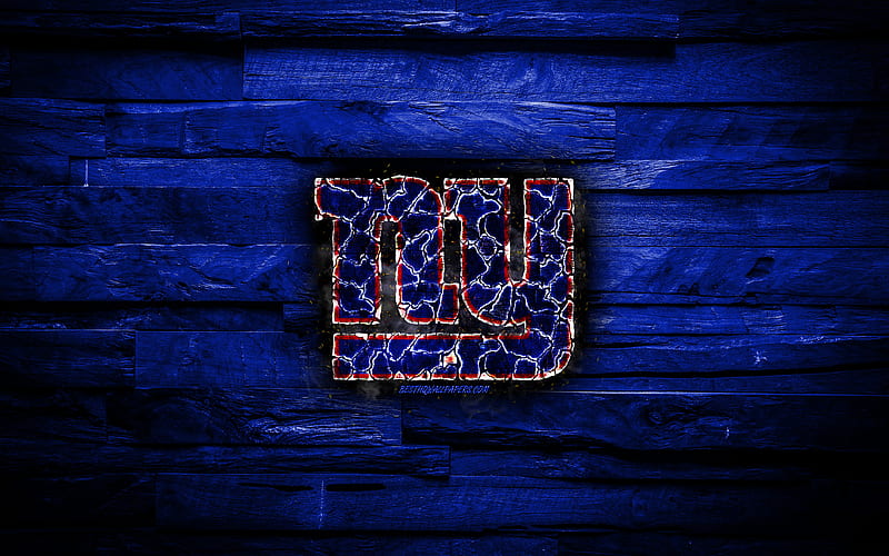 New York Giants scorched logo, NFL, blue wooden background, american baseball team, National Football Conference, grunge, NY Giants, american football, New York Giants logo, fire texture, USA, NFC, HD wallpaper