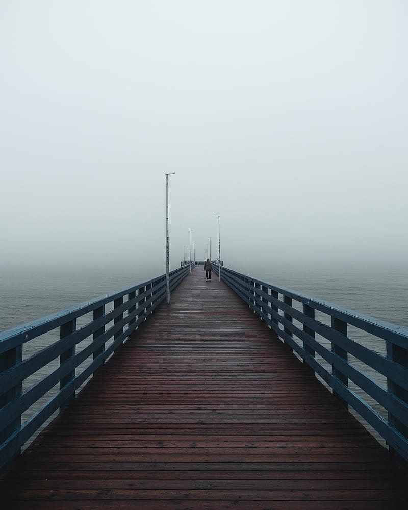 pier, man, alone, fog, sea, HD phone wallpaper