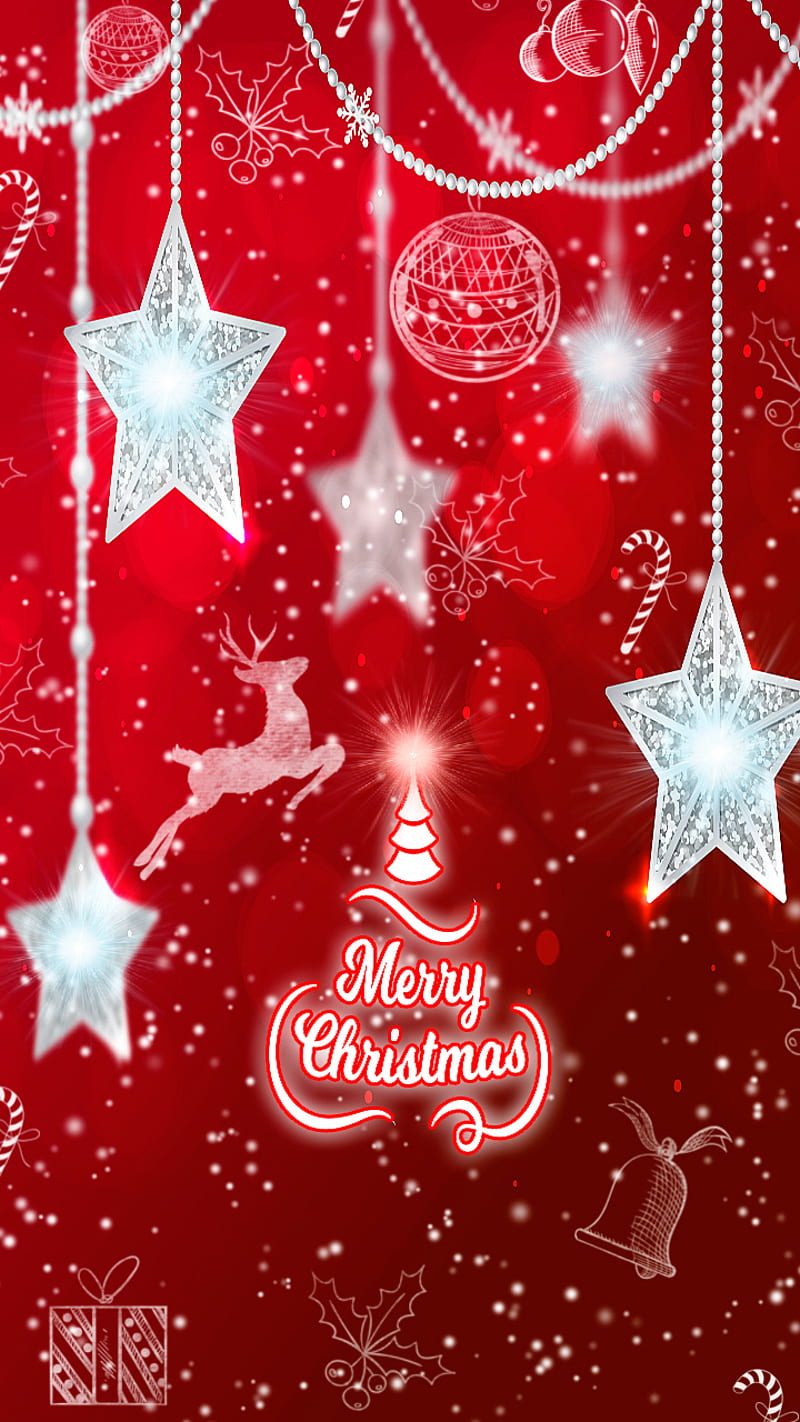 Merry Christmas 4, deer, holiday, merry christmas, new year, red, snow, snowflake, stars, text, winter, HD phone wallpaper