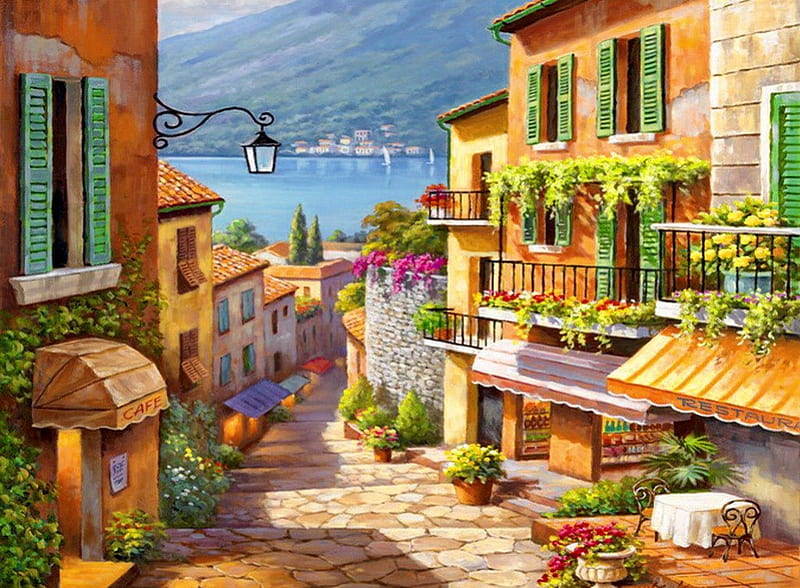 Village steps-detail, pretty, lantern, stairs, bonito, mountain, nice, painting, village, flowers, street, art, vacation, lovely, view, houses, town, slope, summer, steps, HD wallpaper