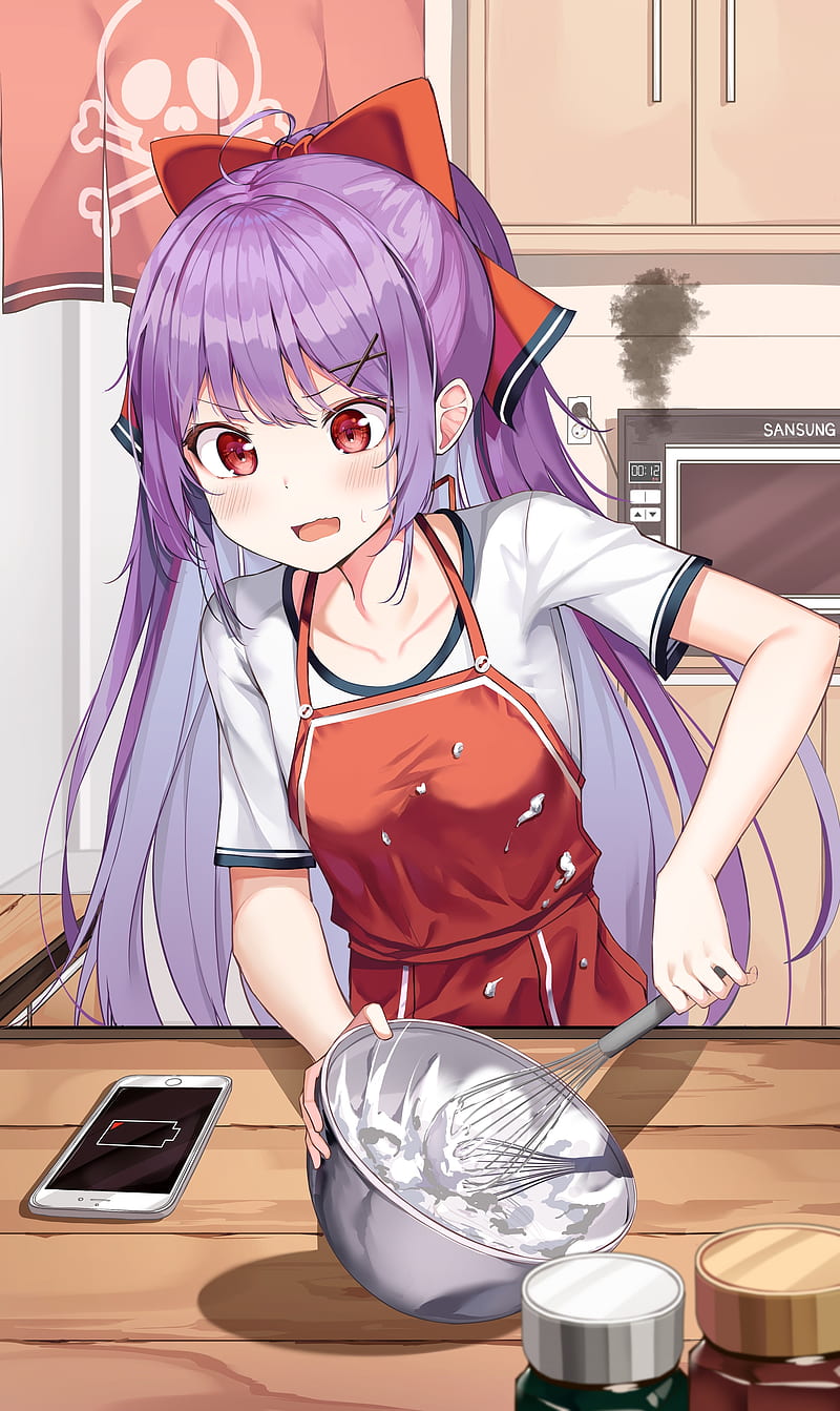 anime girl, purple hair, kitchen, dessert, ribbon, apron, Anime, HD phone wallpaper