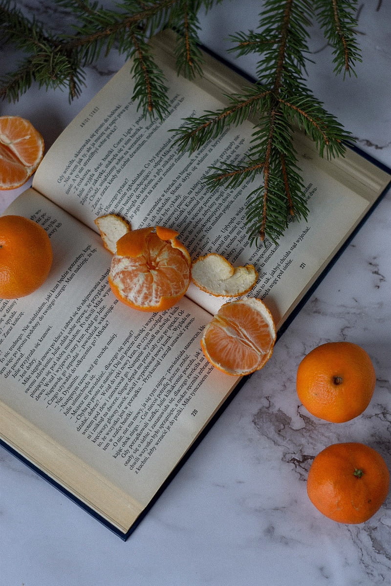 tangerines, book, fruit, citrus, orange, HD phone wallpaper
