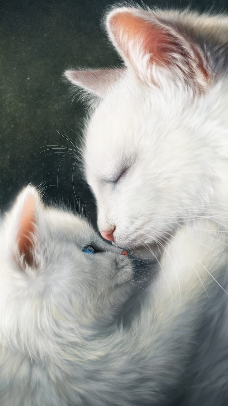 Cute cats, love, family, white, drawings, art, HD phone wallpaper | Peakpx