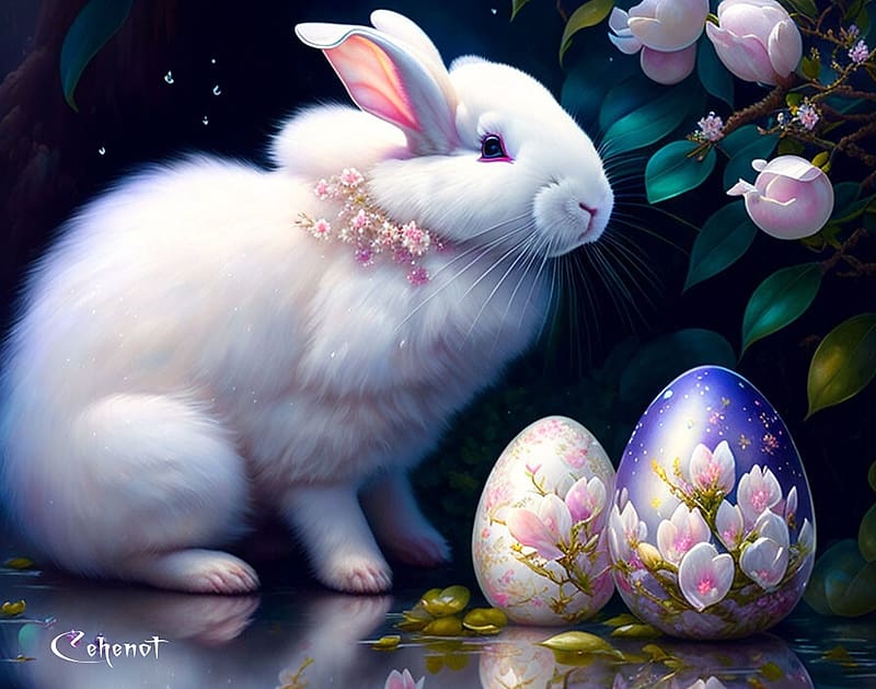 Easter bunny, egg, by cehenot, black, white, art, primavara, magnolia, spring, cehenot, bunny, fantasy, painting, flower, pictura, easter, rabbit, HD wallpaper