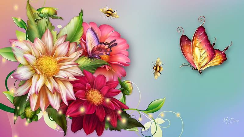 Summer Shine, flowers, summer, spring, bees, Firefox theme, fall, autumn, astors, butterfly, bouquet, dahlias, garden, HD wallpaper