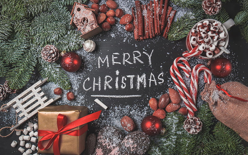 Merry Christmas, New Year, 2018, Christmas tree, red Christmas balls, HD wallpaper