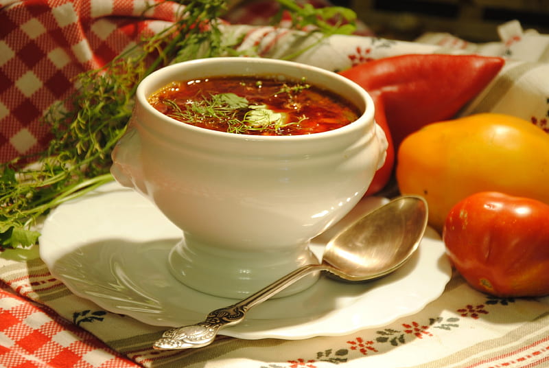 Vegetable Soup, tomato, dish, food, pepper, soup, vegetables, HD wallpaper