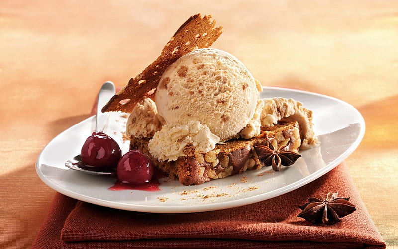 Sweet Ice Cream Delight, nuts, ice cream, food, dessert, sweet, cherry, HD wallpaper