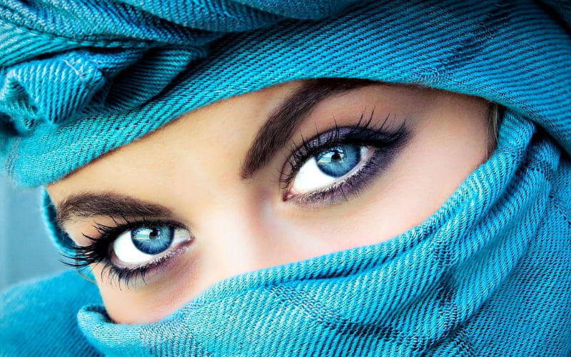 Blue eyes, scarf, eyes, woman, blue, HD wallpaper