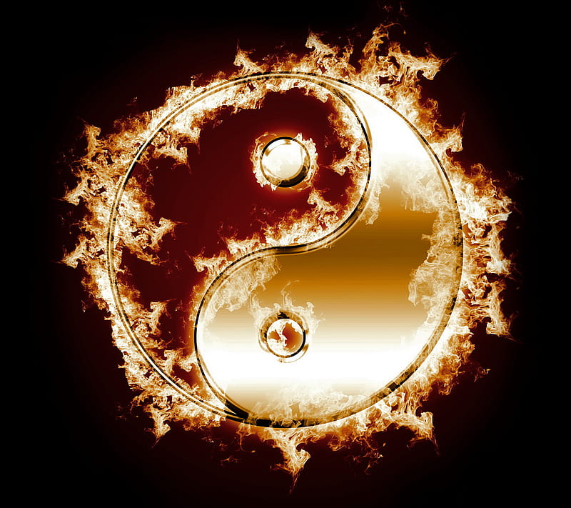 Yin Yang, burning, fire, symbol, HD wallpaper