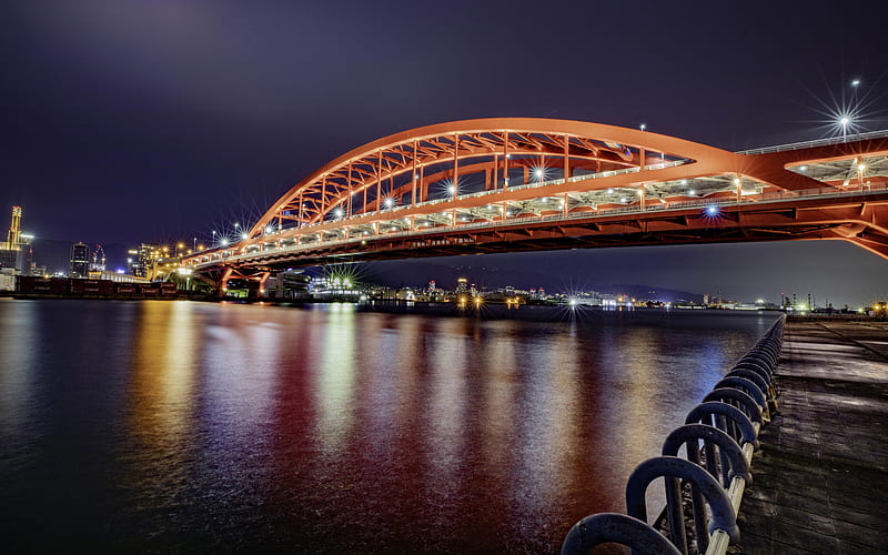 Kobe Ohashi Bridge, Kobe, evening, red metal bridge, embankment, Kobe cityscape, japan, HD wallpaper