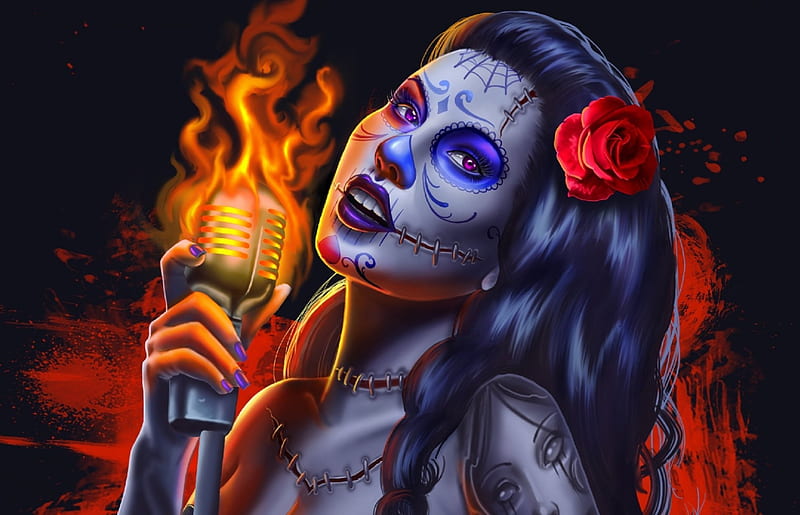 Zombie Singer, fire, day of the dead paint job, rose, woman, zombie, HD wallpaper