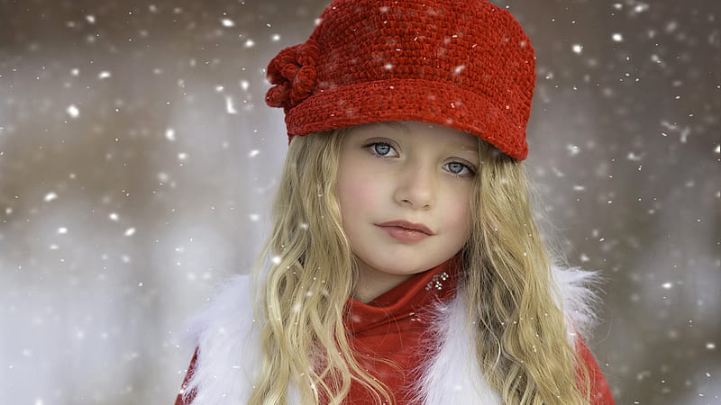 Cute Little Girl Is Wearing Red Dress And Knit Wool Cap In A Snowy Background Cute, HD wallpaper