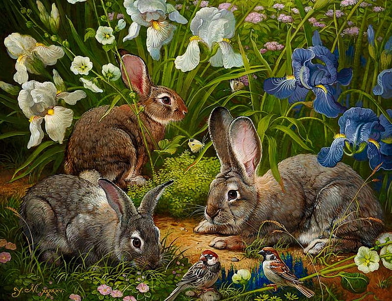 Bunnies in Spring, painting, flowers, sparrows, rabbits, blossoms, irises, artwork, HD wallpaper