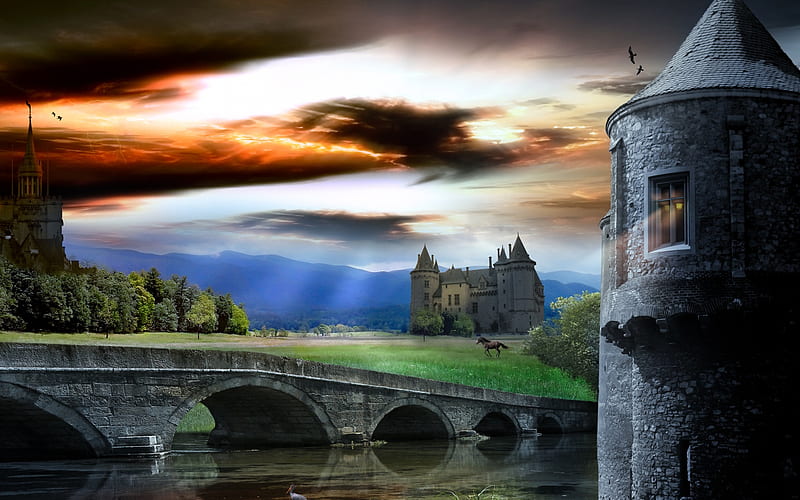 Fantsay World / Fantasie Welt, , 3d and cg, its so cool, graphics, wds, ski, fantasy, 3d, water, bridge, tower, dark, scary, castle, other, HD wallpaper