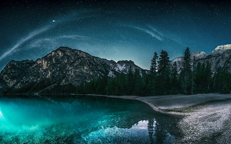 Alps, lake, starry sky, beautiful nature, mountains, forest, Dolomites, Italy, Europe, HD wallpaper