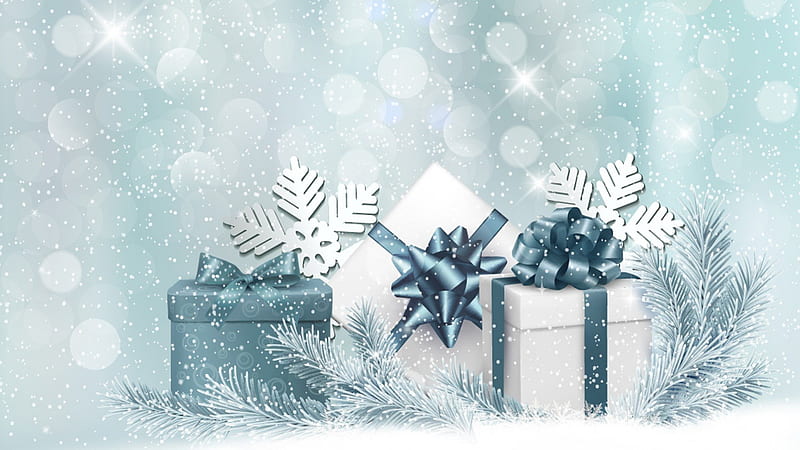 Gifts and Snowflakes, Christmas, Feliz Navidad, packages, ribbons, winter, bokeh, pine, snow, snowflakes, aqua, fir, gifts, blue, spruce, HD wallpaper
