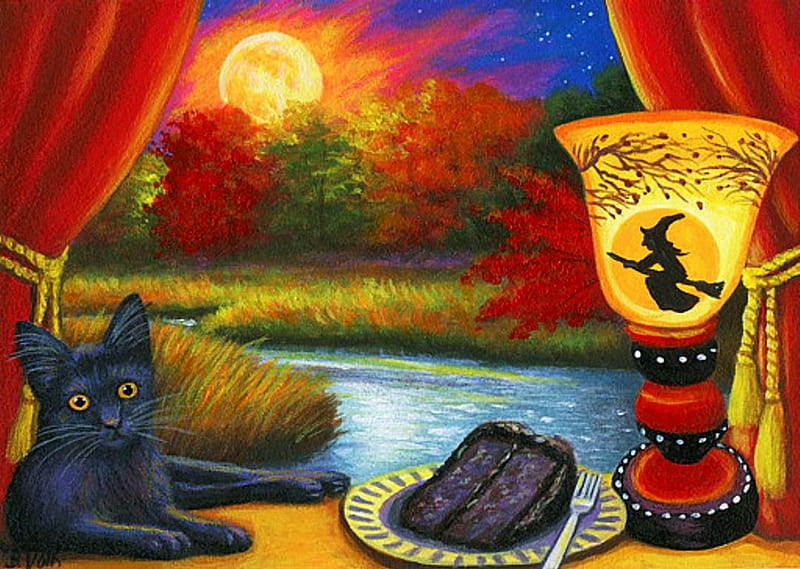 Sheba's Harvest Moon, witch, fall, lamp, window, halloween, cat, artwork, painting, season, HD wallpaper